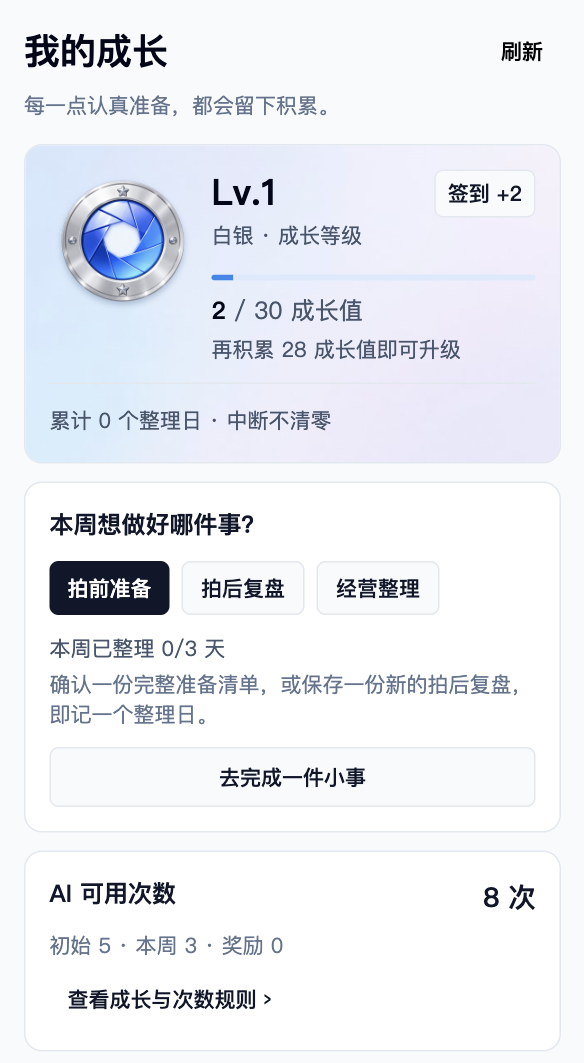 小程序我的成长页面：白银光圈徽章、升级进度、本周整理目标和 AI 可用次数
